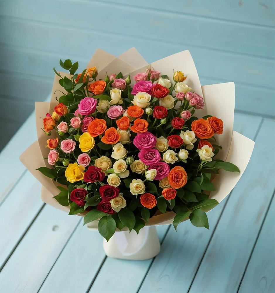 Букет Микс из разноцветных кустовых роз в Домне