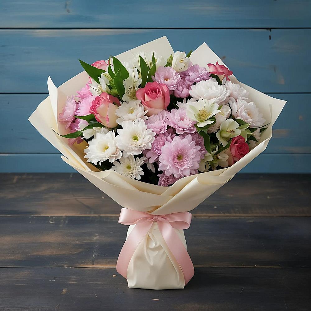 Букет цветов из: Хризантемы, Альстромерии и Розы в Домне